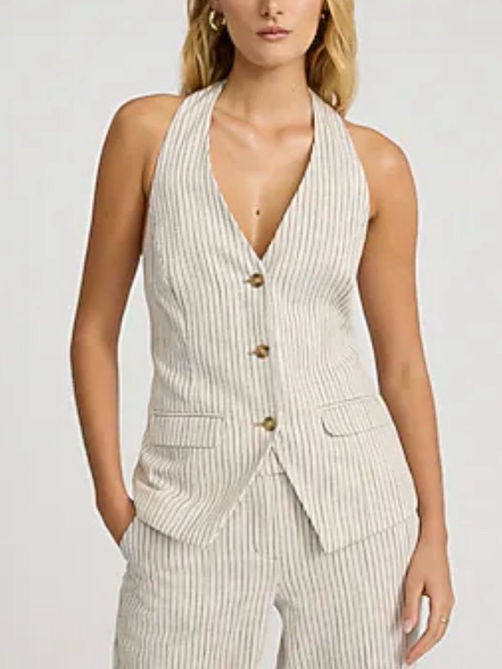 NWT Express Cream & Tan Pinstripe Halter Neck Button Front Vest Size XS